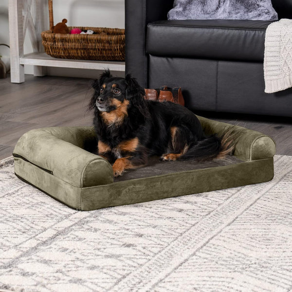Snoutique Orthopedic Foam Sofa Dog Bed with Washable & Removable Cover - Faux Fur/Velvet - Dark Sage, Dogs up to 35 Lbs - Medium