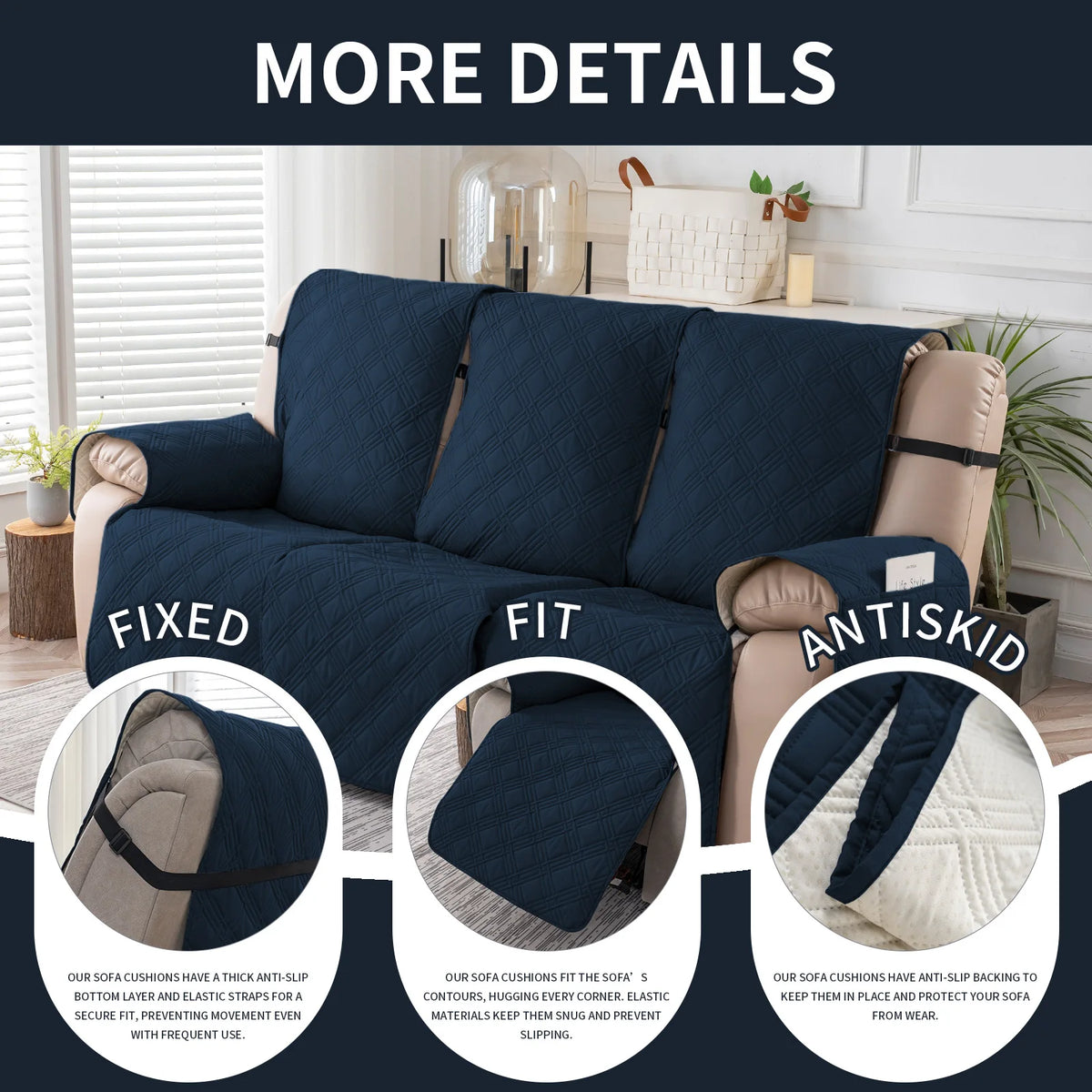 Non-Slip Recliner Sofa Covers 3 Seaters Elastic Band Sofa Covers Washable Furniture Protector for Bedroom, Office, Living Room