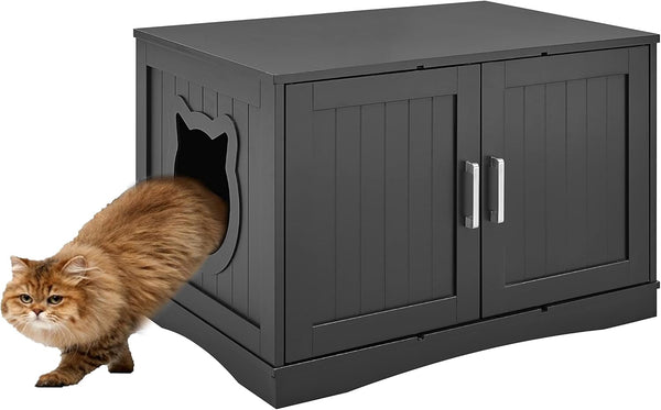 Luxury Cat Washroom Storage Bench Cat Litter Box Enclosure Furniture Box House with Table, Spacious Storage, Easy Assembly, Fit Most of Litter Box (Black)