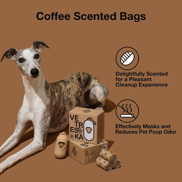 Dog Poop Bags Dispenser with Coffee Scented Waste Bags, Leak Proof, Extra Thick & Strong, 1 Holder and 105 Count Pet Poop Bags (7 Refill Rolls) for Dogs and Cats