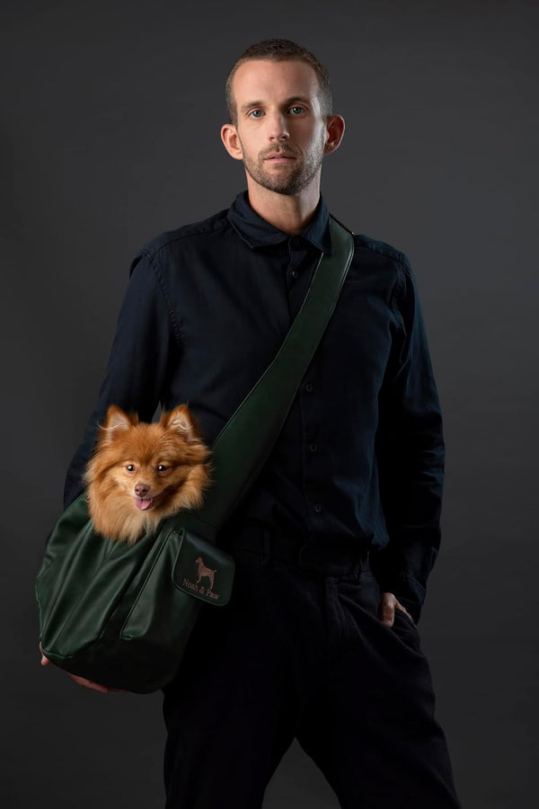 Dog Sling Carrier for Small Dogs 5-18Lb, Dog Sling for Small Dogs and Cats, Dog Carrier with Adjustable Padded Strap, Vegan Leather Lined with Fur, Double Safety Feature, Machine Washable