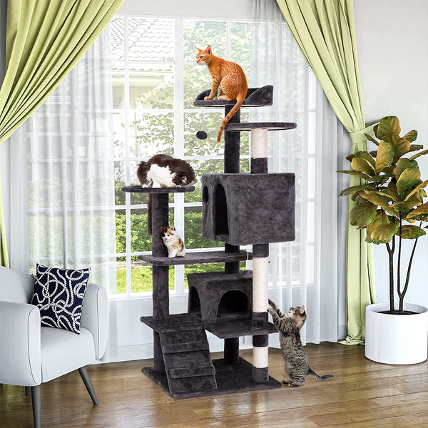 54 in Cat Tree for Indoor Cats Plush Cat Condo Multi-Level with Scratching Post, Jumping Platform Cat Play House Activity Center