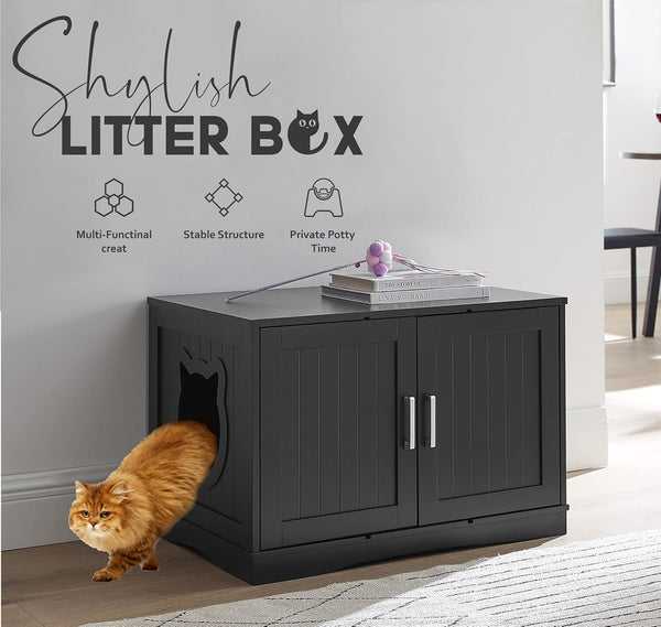 Luxury Cat Washroom Storage Bench Cat Litter Box Enclosure Furniture Box House with Table, Spacious Storage, Easy Assembly, Fit Most of Litter Box (Black)