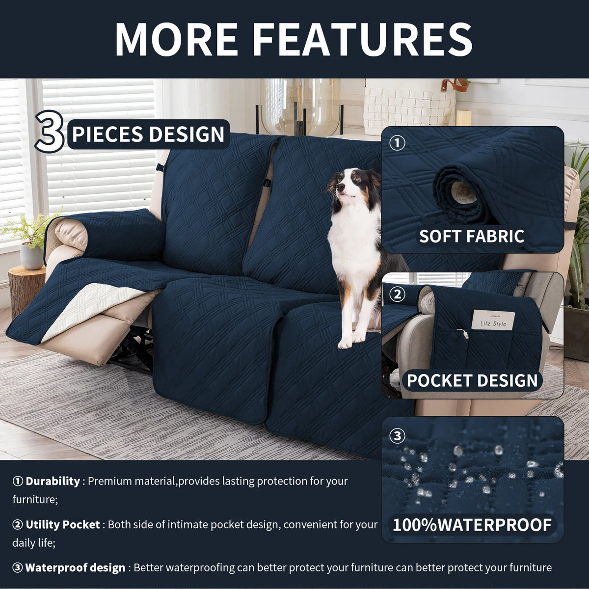 Non-Slip Recliner Sofa Covers 3 Seaters Elastic Band Sofa Covers Washable Furniture Protector for Bedroom, Office, Living Room