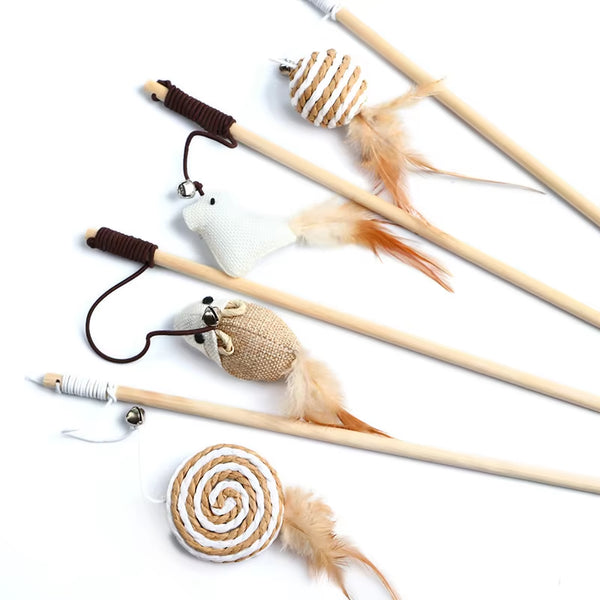 Feather Toys Kitten Funny Colorful Rod Cat Wand Toys Wood Pet Cat Toys Interactive Stick Pet Cat Supplies