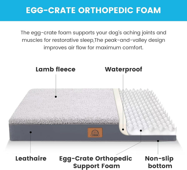 Orthopedic Dog Bed for Large Dogs - Waterproof Dog Crate Bed with Removable Washable Cover, Luxury Foam Support, Anti-Slip Bottom, (Grey)