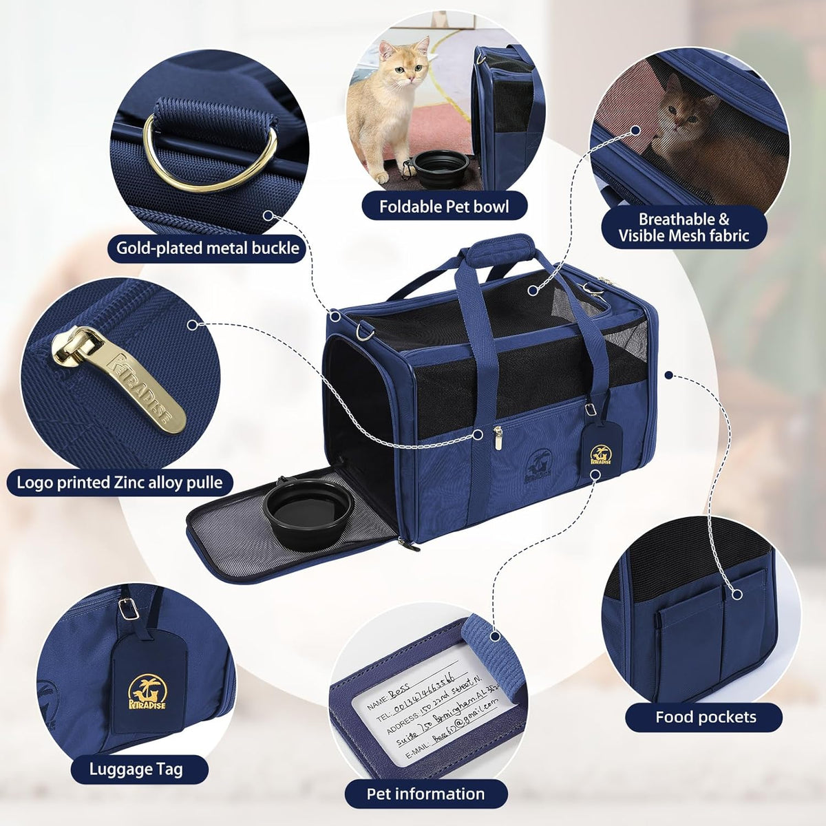Luxury Pet Carrier for Dogs, Cats, Puppies - Airline TSA Approved, Durable Anti-Scratch Fabric, Soft-Sided, Consistent Airflow, Foldable Design, Cushion Pad, Travel (Navy Blue, Medium)