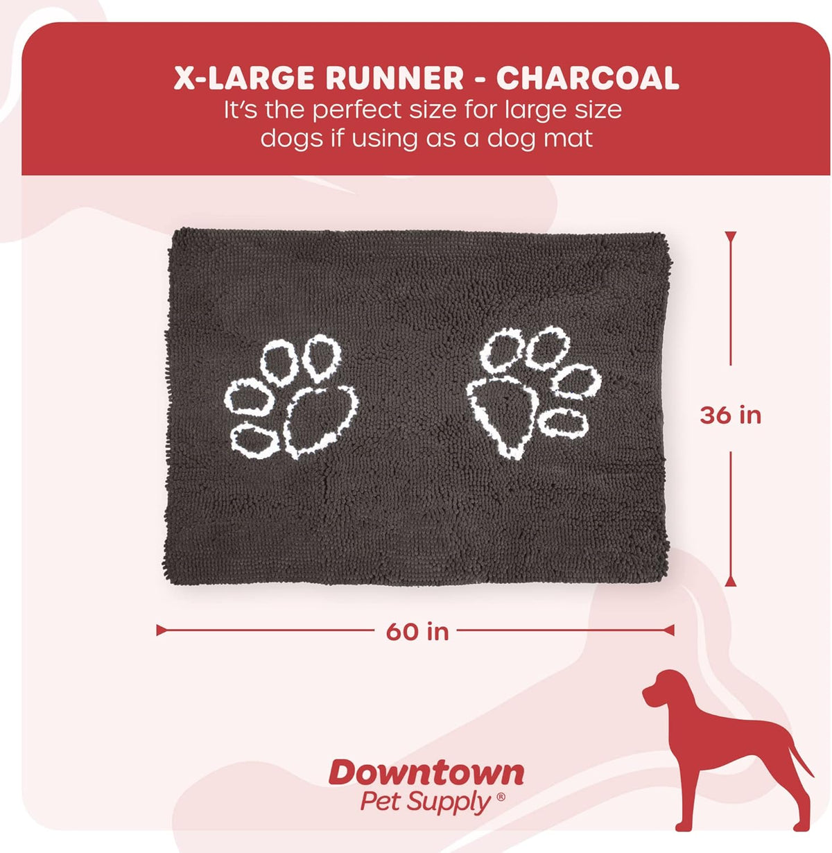 Microfiber Dog Mat for Muddy Paws, 60" X 36" Charcoal with Paw Print - Non-Slip, Absorbent and Quick-Drying Dog Paw Cleaning Mat, Washer and Dryer Safe - X-Large/Runner