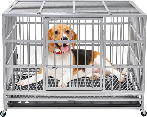 Heavy Duty Steel Dog Crate Escape Proof, Indoor Double Door High Anxiety Cage, Kennel with Wheels, Removable Tray