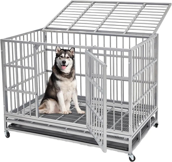 Heavy Duty Steel Dog Crate Escape Proof, Indoor Double Door High Anxiety Cage, Kennel with Wheels, Removable Tray