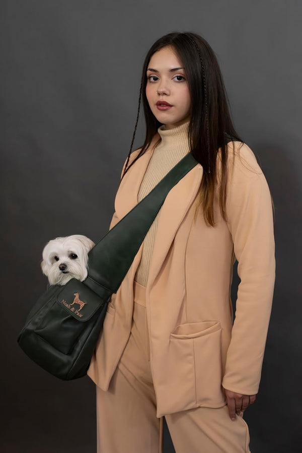 Dog Sling Carrier for Small Dogs 5-18Lb, Dog Sling for Small Dogs and Cats, Dog Carrier with Adjustable Padded Strap, Vegan Leather Lined with Fur, Double Safety Feature, Machine Washable