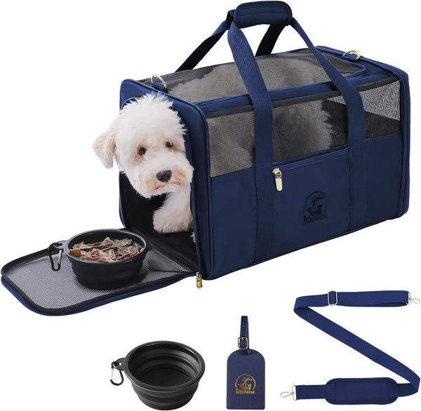 Luxury Pet Carrier for Dogs, Cats, Puppies - Airline TSA Approved, Durable Anti-Scratch Fabric, Soft-Sided, Consistent Airflow, Foldable Design, Cushion Pad, Travel (Navy Blue, Medium)