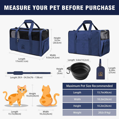 Luxury Pet Carrier for Dogs, Cats, Puppies - Airline TSA Approved, Durable Anti-Scratch Fabric, Soft-Sided, Consistent Airflow, Foldable Design, Cushion Pad, Travel (Navy Blue, Medium)
