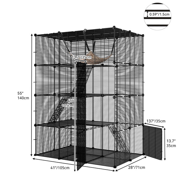 Cat Cage Indoor Large with Hammock 4 Tier Outdoor Cat Enclosure Catio Metal Kennels for 1-3 Cats, DIY Detachable Pet Playpen, Black